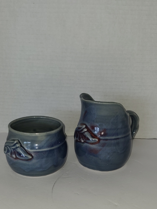 Source Unknown Other - Handcrafted Signed Blue Ceramic Creamer and Sugar Set